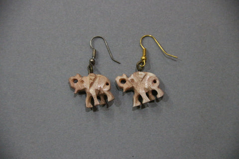 camel bone handmade carving earrings with small pink elephant-camel bone carved jewelry-D.LUFFY