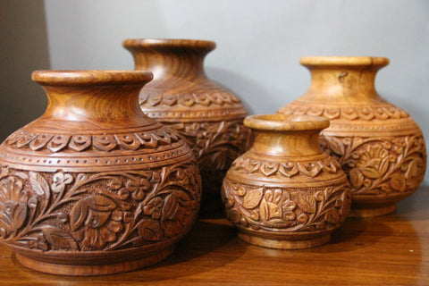 Wooden handmade carved set of 4 vases-wooden carved house decoration-D.LUFFY